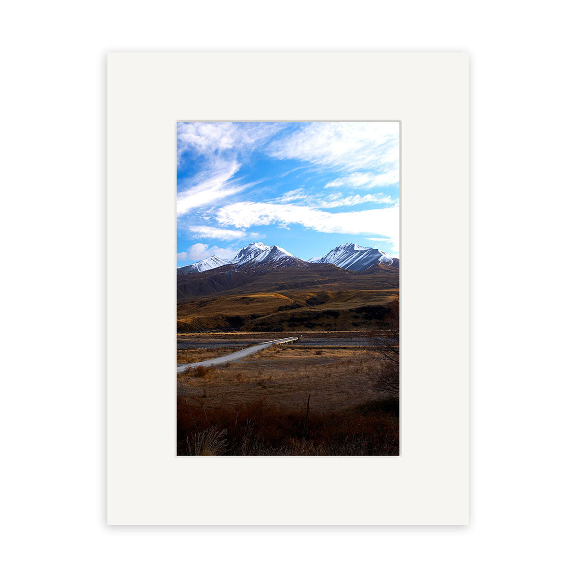 A photograph titled Mt Potts - RP065 shows snow-capped mountains, a river, and dry grassland under a partly cloudy New Zealand sky, presented in a white mat frame on archival matte paper.