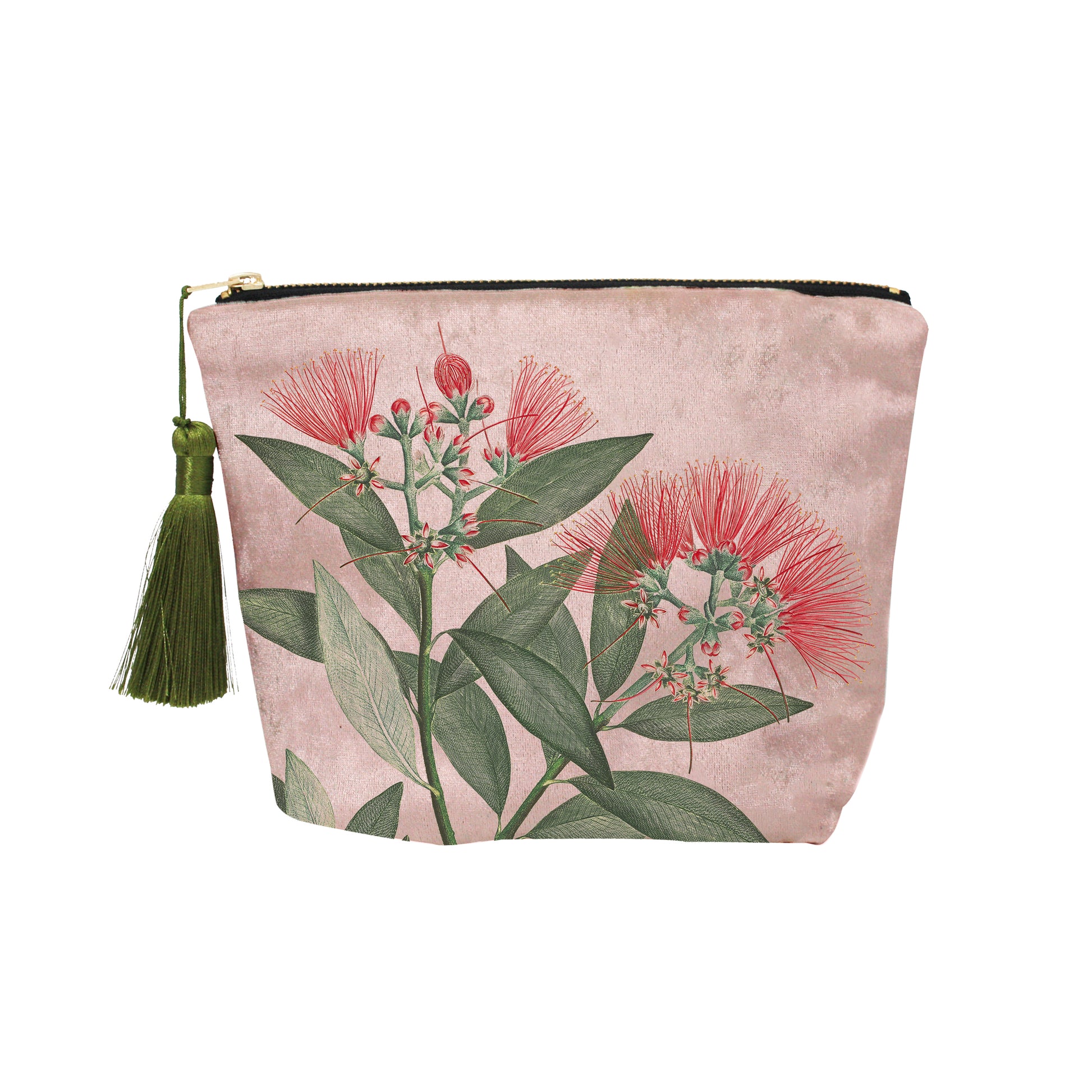 The Vintage Botanical Pohutukawa Velvet Cosmetic Bag has a green tassel zipper and showcases red and pink flowers with green leaves on a soft pink background.
