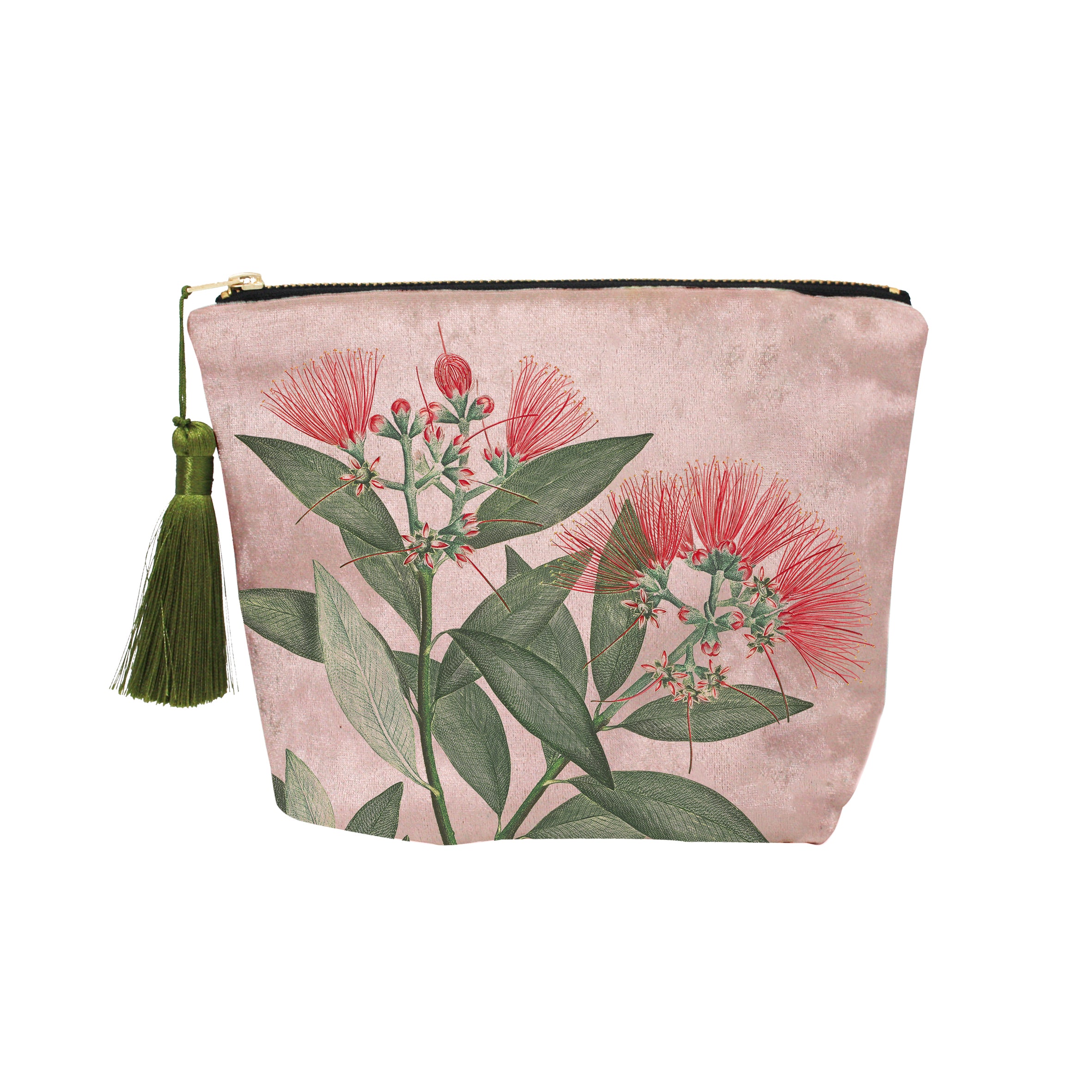 The Vintage Botanical Pohutukawa Velvet Cosmetic Bag has a green tassel zipper and showcases red and pink flowers with green leaves on a soft pink background.