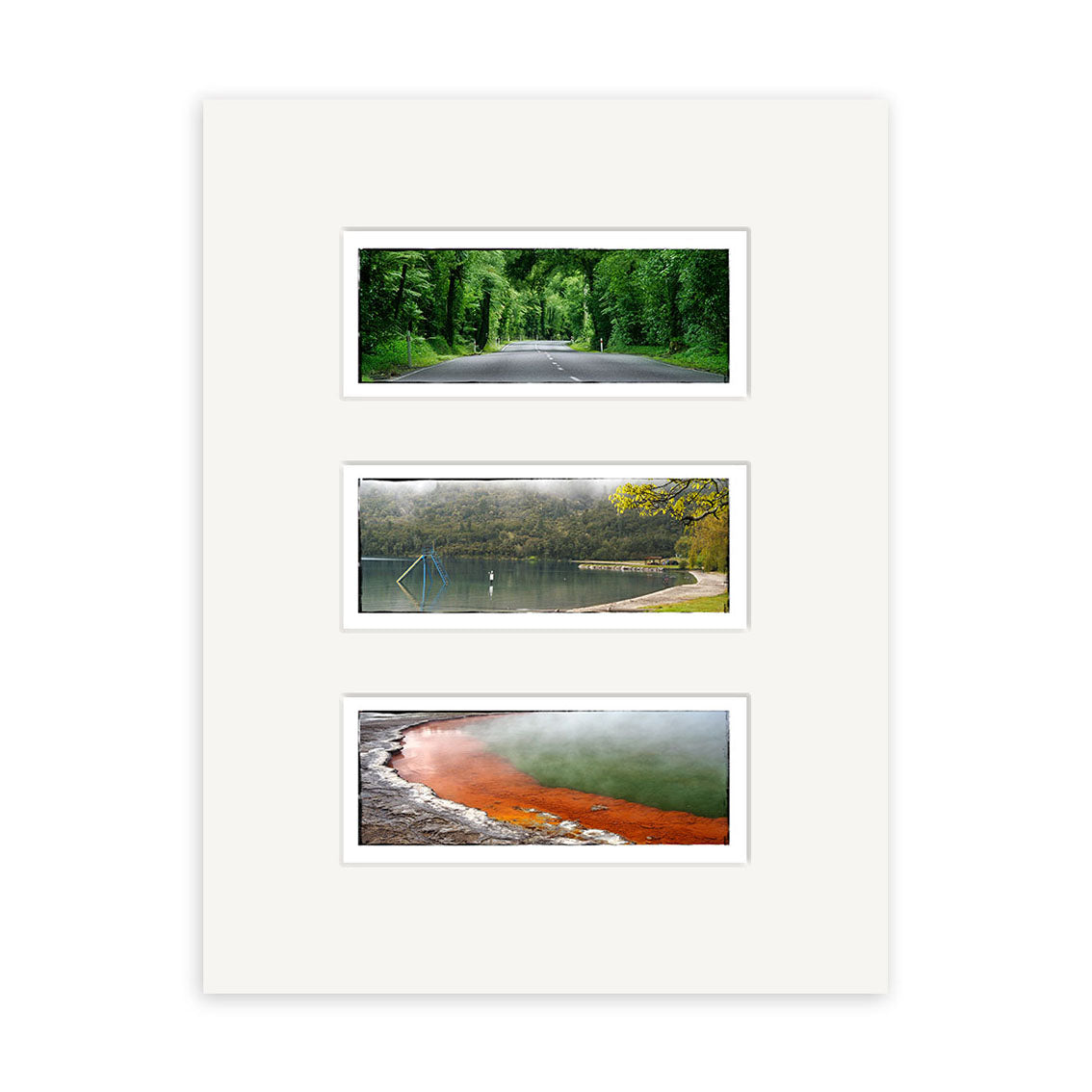 The Rotorua Triptych - RP038 features three archival quality matte prints: a tree-lined road, a misty New Zealand lakeshore with trees, and a steaming hot spring with orange edges, all set in a white picture mat.