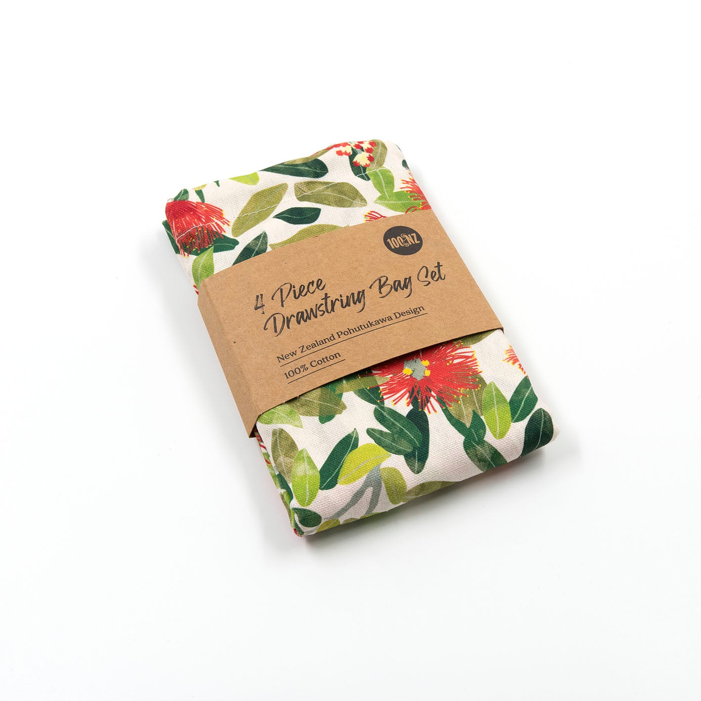 The Pohutukawa Print Drawstring Bag Set features four reusable cotton bags in a green and red Pohutukawa design, packaged with a brown label—ideal for stylish New Zealand-inspired storage.