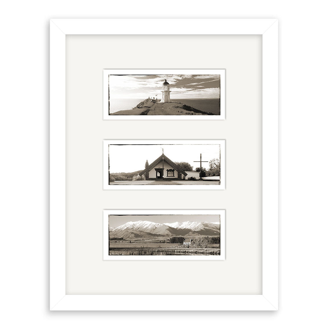 The New Zealand Triptych - RP001 features three black and white prints—a lighthouse, a building with a cross, and snowy peaks beyond a fence—displayed in a white frame on archival quality matte paper.