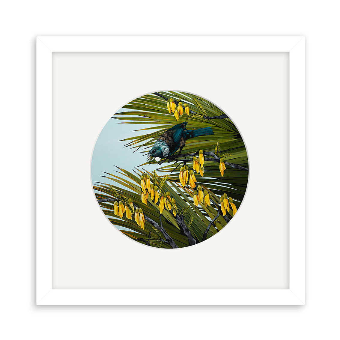 The Kirsty Nixon - Spring Yellows Small Art Print features a tui perched among green and yellow kowhai branches on a light blue background with a white mat, adding New Zealand flair to your art collection.