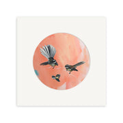 Three small fantails soar against a soft pink and peach circular background, centered on a white square canvas—a refined art print by Kirsty Nixon titled In The Pink (Fantails).