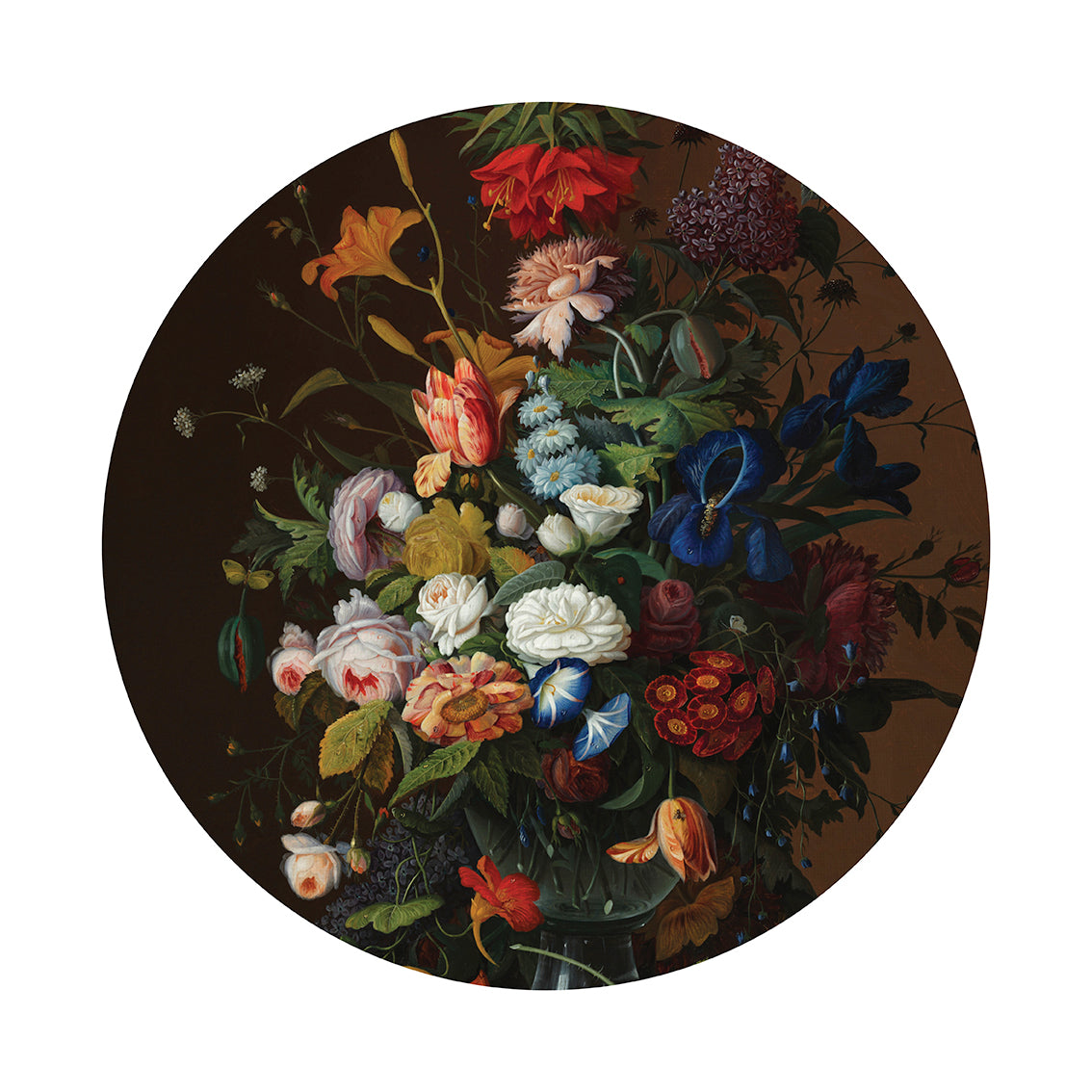 Vintage Flowers Art Spot: a circular matte fabric wall art featuring a detailed arrangement of colorful flowers, including roses, lilies, and irises, set against a dark brown background. Repositionable for easy display.