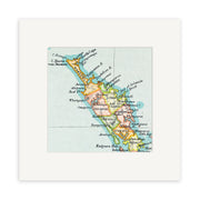 The Northland Vintage Map Print showcases New Zealand’s North Island, highlighting the northern tip with labeled regions like Hokianga, Whangarei, Kaipara, and Bay of Islands, plus clearly marked towns, islands, and coastal details.