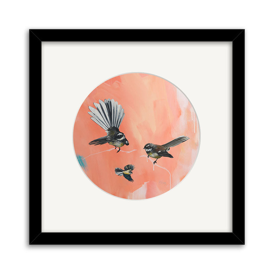 The Kirsty Nixon - In The Pink (Fantails) Small Art Print features three black and white fantails in a circular design on a pink and peach abstract background, celebrating beautiful New Zealand artist prints.