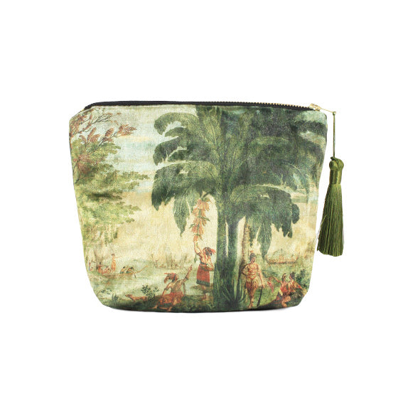 The Dufour Pacifique Velvet Cosmetic Bag features a zipper, green tassel, and a detailed print of tropical trees and people in historical attire—making it a unique accessory from the Velvet Collection.