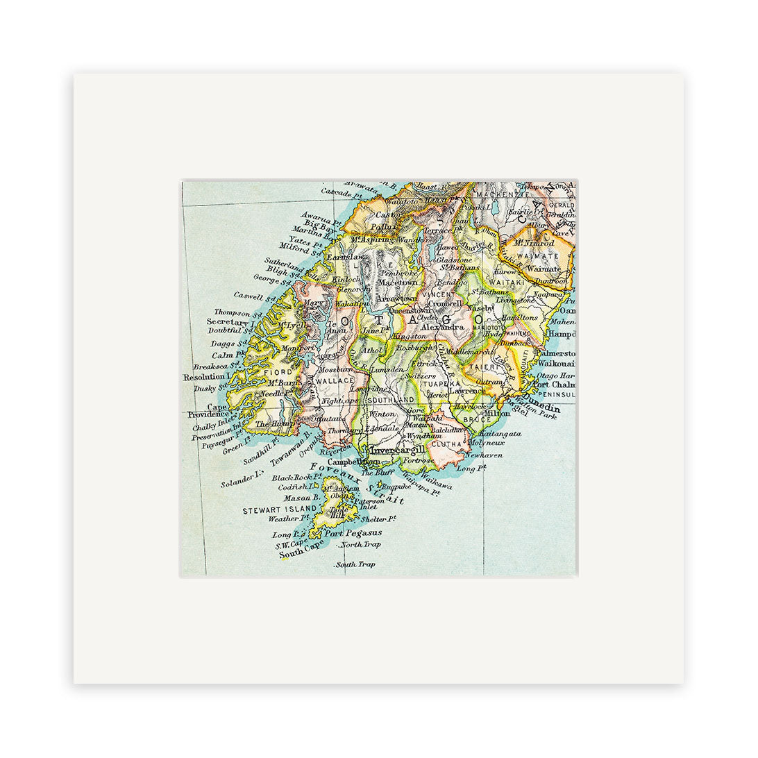 The Lower South Island Vintage Map Print is a colorful 19th-century lithograph featuring labeled towns, rivers, and geographic details of southern New Zealand with highlighted borders and place names.