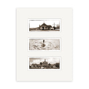 The Rotorua Triptych - RP035 features three vertical photographic prints on archival matte paper: a small church, bubbling mud close-up, and Victorian houses with palm trees—scenes from New Zealand.