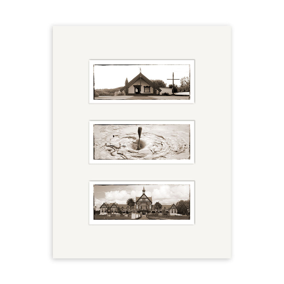 The Rotorua Triptych - RP035 features three vertical photographic prints on archival matte paper: a small church, bubbling mud close-up, and Victorian houses with palm trees—scenes from New Zealand.