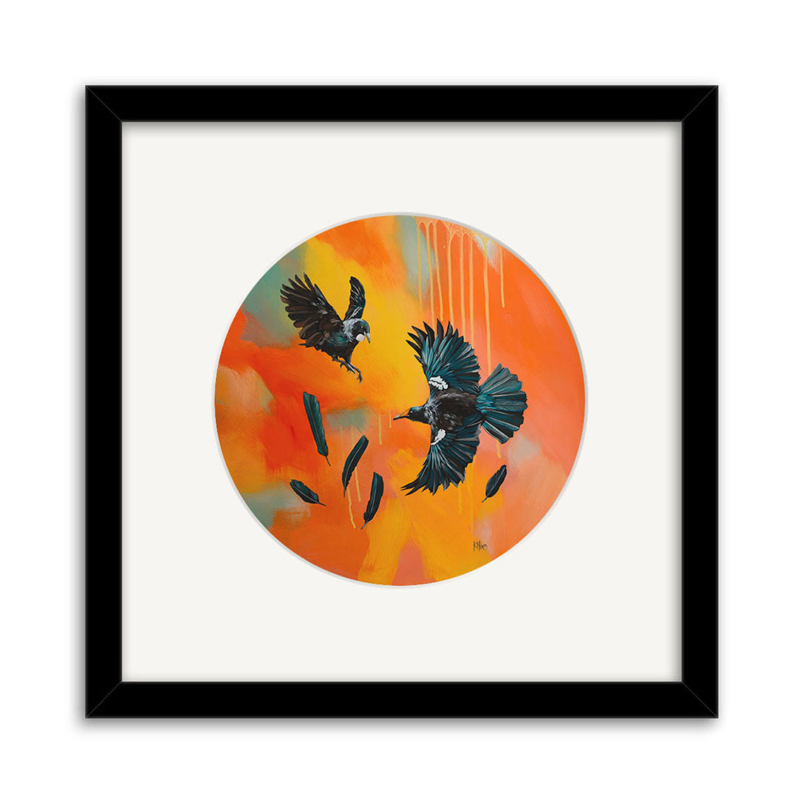 Kirsty Nixon - High Fliers (Tui) Small Art Print: Features two tui in flight against an orange-yellow background with scattered black feathers and paint drips at the top right of the circular artwork.