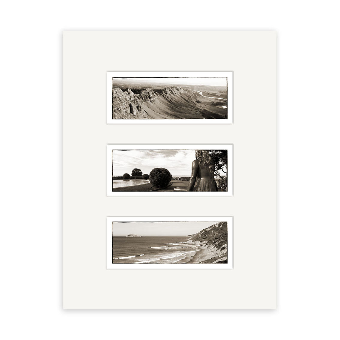 The Hawkes Bay Triptych - RP135 features three black-and-white panoramic prints, vertically arranged on archival matte paper, showing mountains, a statue amid shrubbery, and New Zealand coastal cliffs with waves.