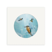 The Kirsty Nixon I Guess thats why they call it the Blues small art print features three New Zealand kingfishers on a light blue background with white abstract shapes, mounted on a white square mat.
