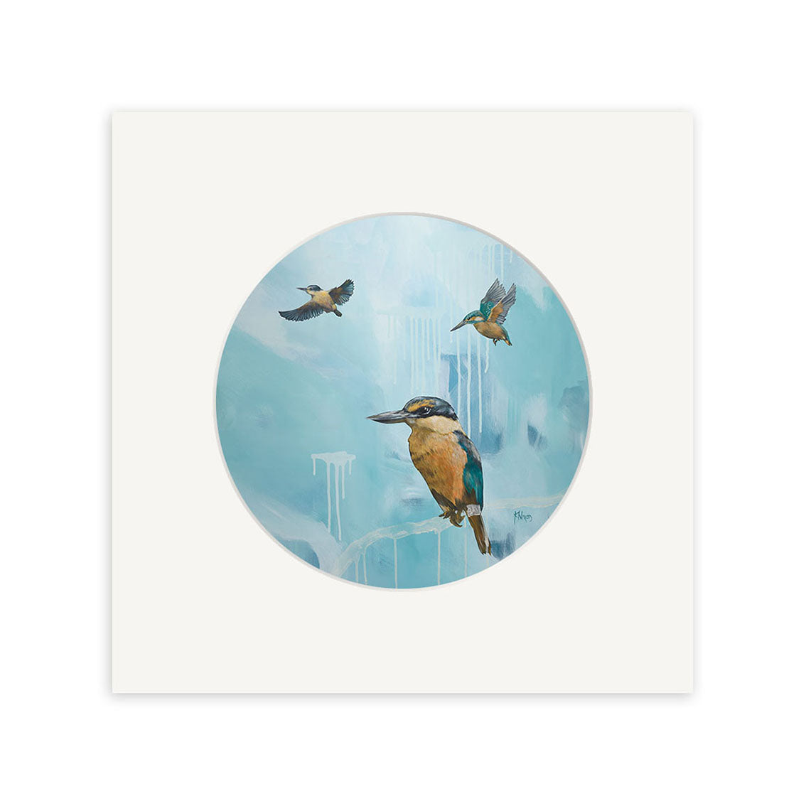 The Kirsty Nixon I Guess thats why they call it the Blues small art print features three New Zealand kingfishers on a light blue background with white abstract shapes, mounted on a white square mat.
