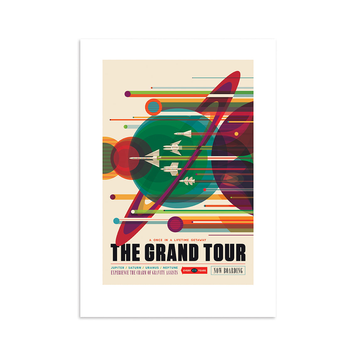 The NASA The Grand Tour Travel Print is a stylized A4 poster with spaceships flying past colorful, overlapping planets and diagonal lines, featuring bold The Grand Tour text and smaller text inspired by NASAs Jet Propulsion Laboratory posters.