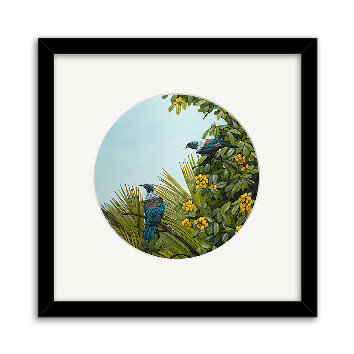 The Kirsty Nixon - Point of View Small Art Print is a framed circular artwork featuring two blue and black birds on green foliage with yellow berries, set against a pale blue New Zealand sky. It comes with a black frame and crisp white mat.