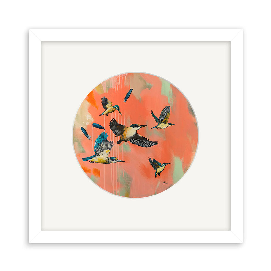 The Kings, Kirsty Nixon - Kingfishers Small Art Print showcases six blue and yellow birds in flight against a vibrant, circular coral, pink, and green abstract background, with scattered blue feathers adding to the striking composition.