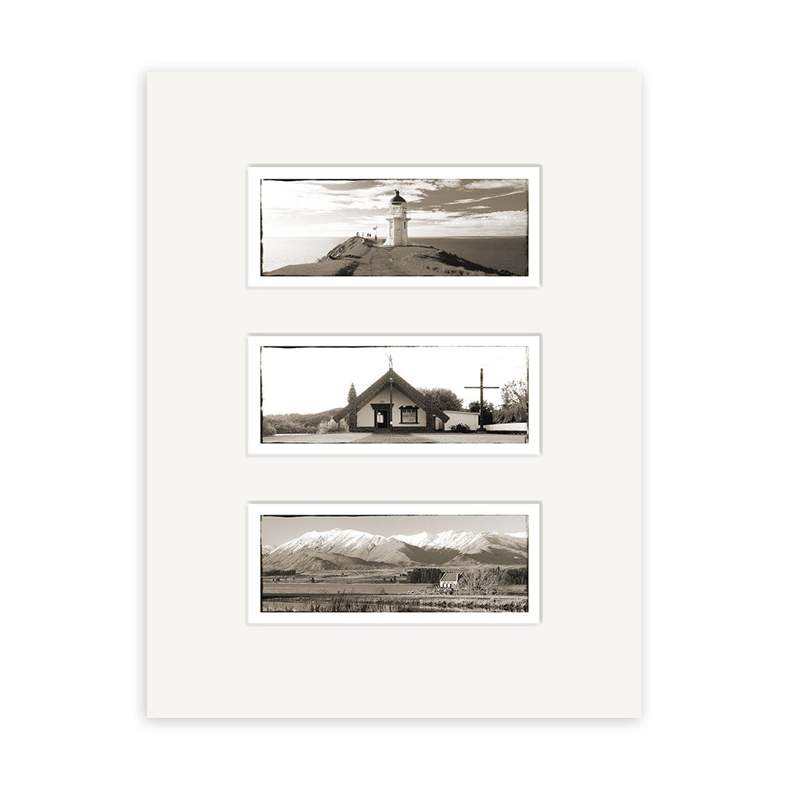 The New Zealand Triptych - RP001 features three black and white photos on archival matte paper: a lighthouse, church, and snowy mountains with fence, all vertically arranged in a white mat.