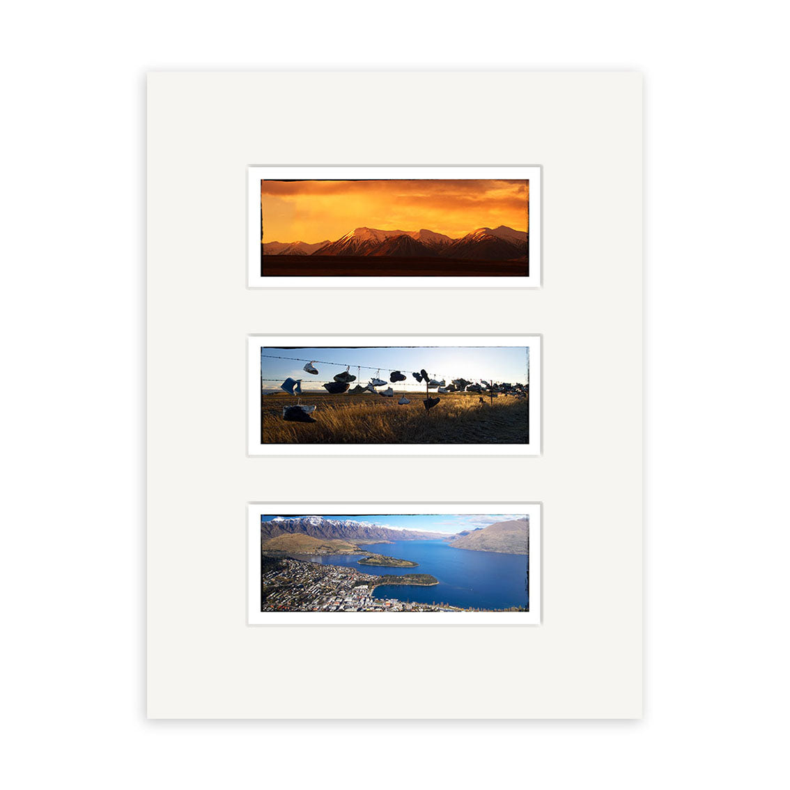 The South Island Triptych - RP073 features three archival quality matte prints—sunset mountains, lake birds, and a wide lake view—displayed vertically on a white mat board.