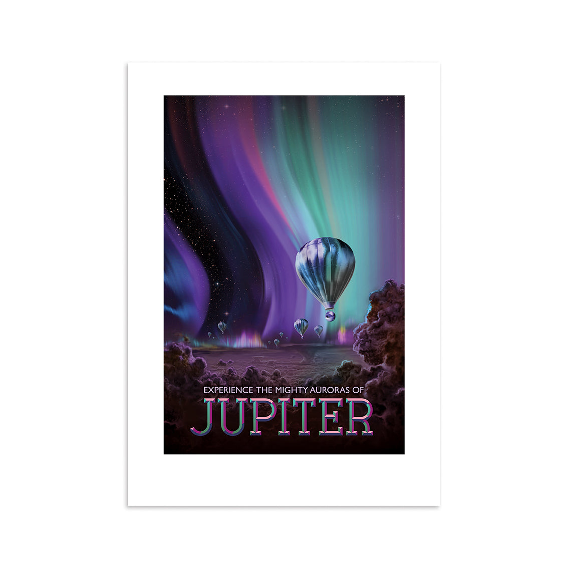 The NASA Jupiter Travel Print showcases a hot air balloon beneath vivid purple and green auroras, inviting you to “Experience the Mighty Auroras of Jupiter”—perfect as an A4 print for space and travel enthusiasts.